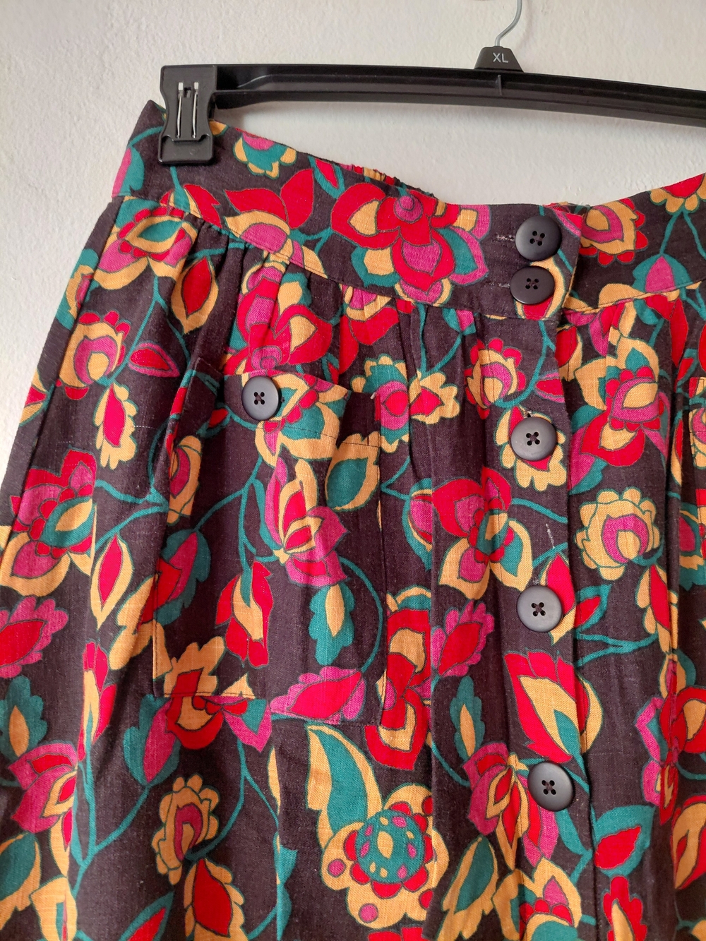 MODCLOTH Floral Linen Blend Skirt Black Pink Red Yellow - Picture 3 of 9